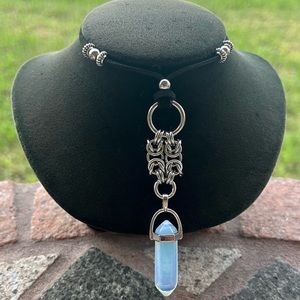 Handmade Maille necklace with blue iridescent opalite bullet adjutable choker